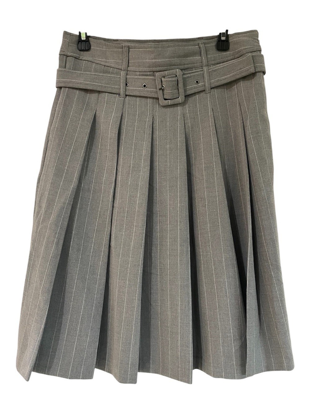Pleated Pinstripe Belted Midi Skirt - Grey